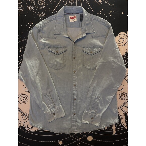 Wrangler Pearl Snap Button Down Denim Style men's Shirt Size XL Light Blue - Picture 1 of 3